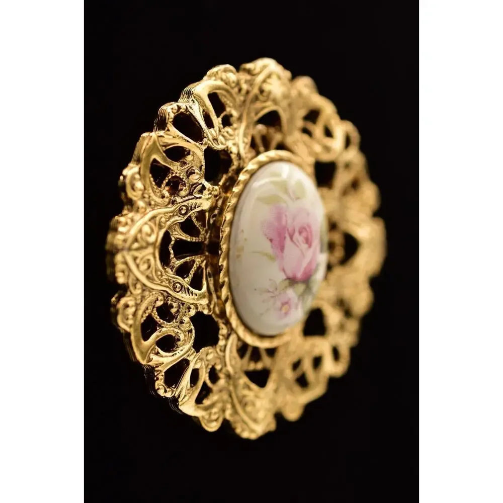 1928 Vintage Brooch Pin Rose Painted Cabochon Antiqued Gold Filigree 1980s BinBG